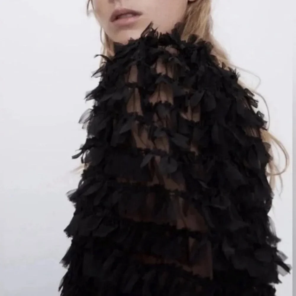 ✨ NWT Zara Black Tulle Fringe Mini Dress Small Puff Sleeve Ruffle 🖤 - Picture 5 of 16